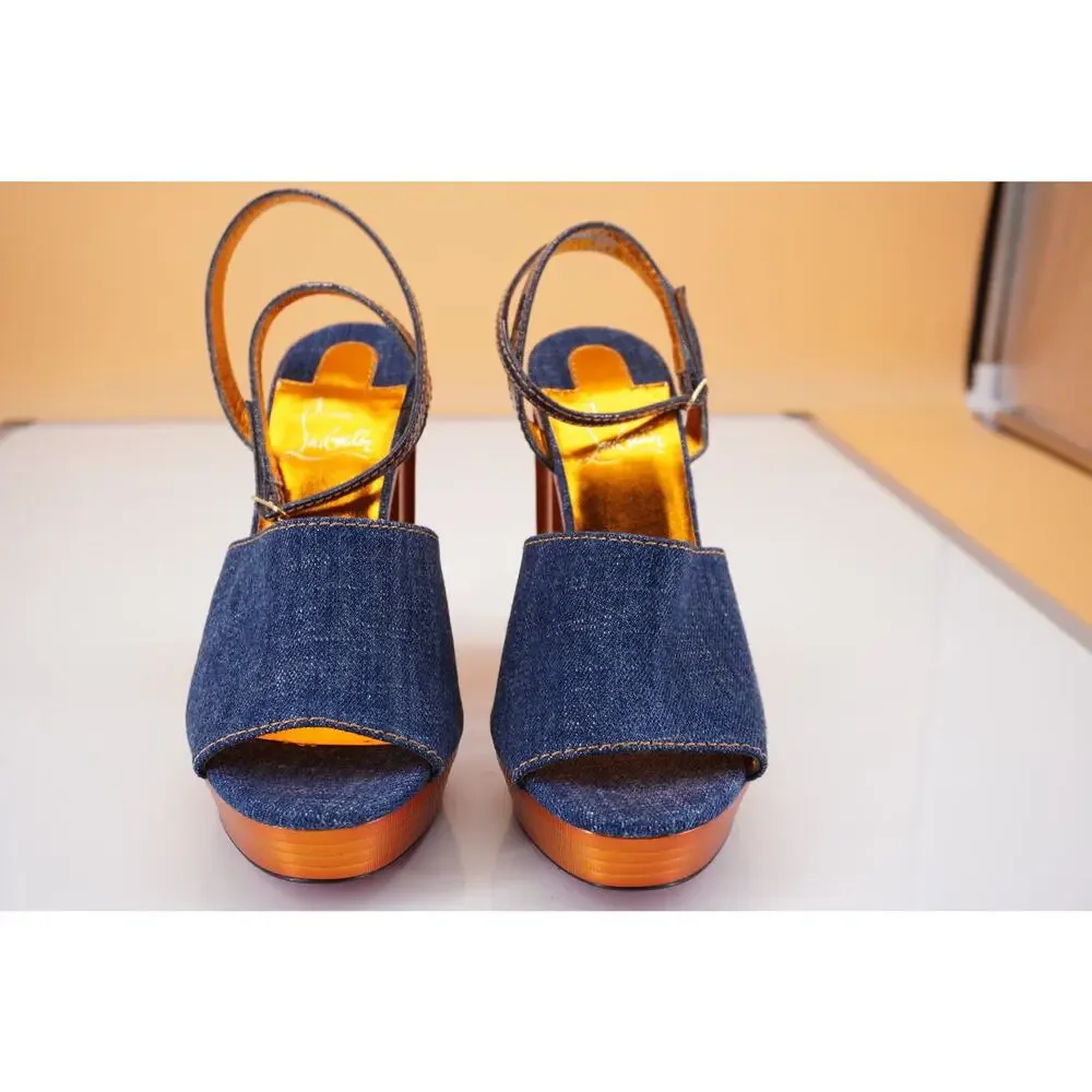 Christian Louboutin Mira Colunata Sandal Denim Wedge SZ 38.5 Strappy $1295
